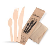 Bestecksets aus Holz biologisch abbaubar 4-teilig Gabel Messer Kaffeel�ffel Serviette hygienisch verpackt, 50 Sets