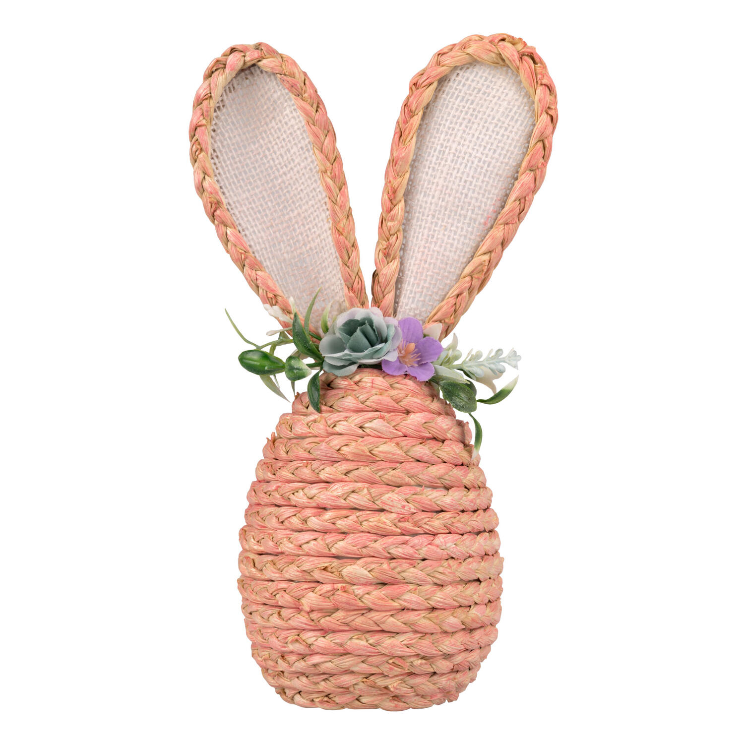 Osterhase aus Maisstroh mit Blumen, Osterdeko 25 cm rosa