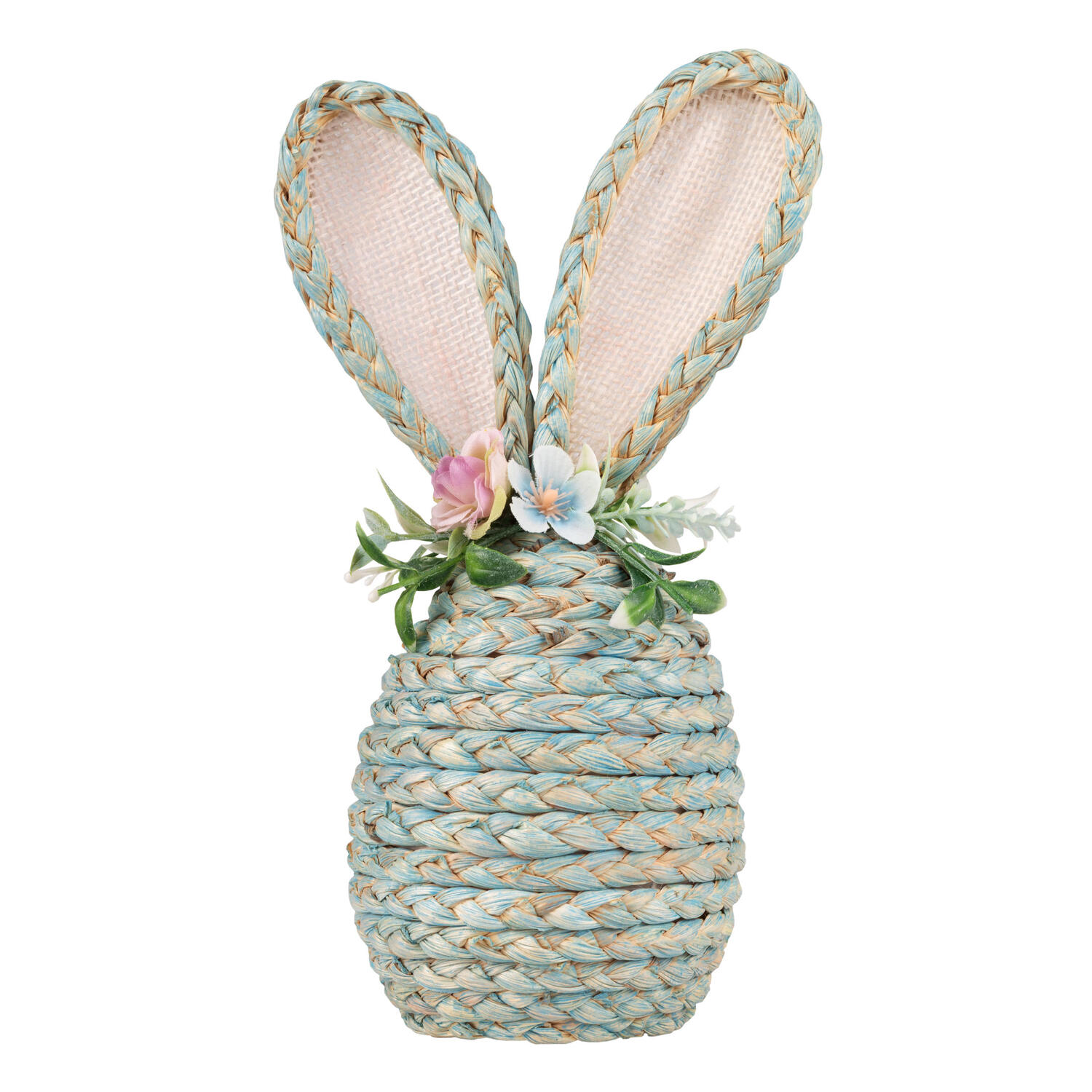 Osterhase aus Maisstroh mit Blumen, Osterdeko 25 cm blau