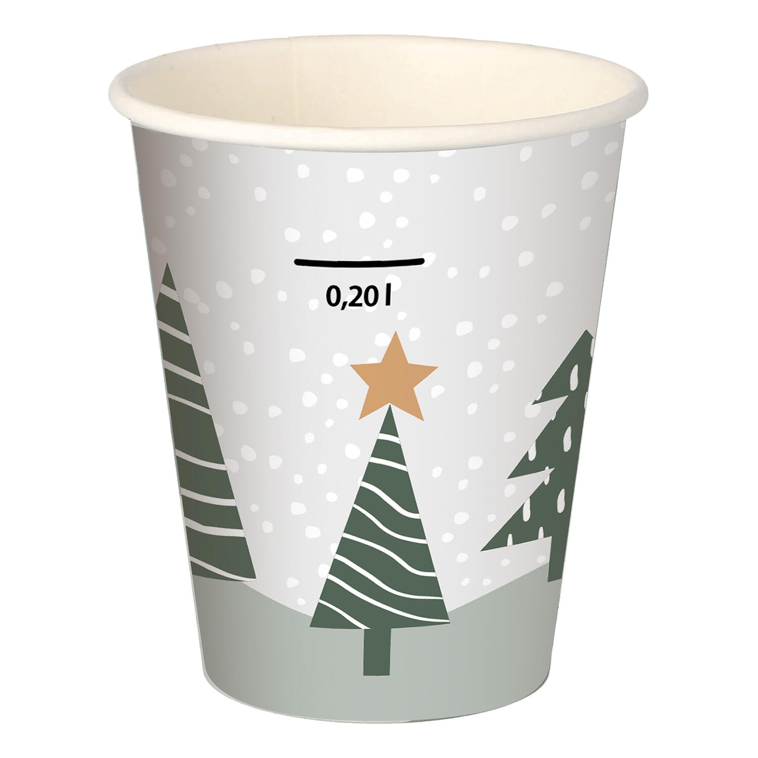 Hei�getr�nkebecher Pappbecher Tannenwald & Weihnachtsstern 200ml mit Eichstrich , 50 Stk.