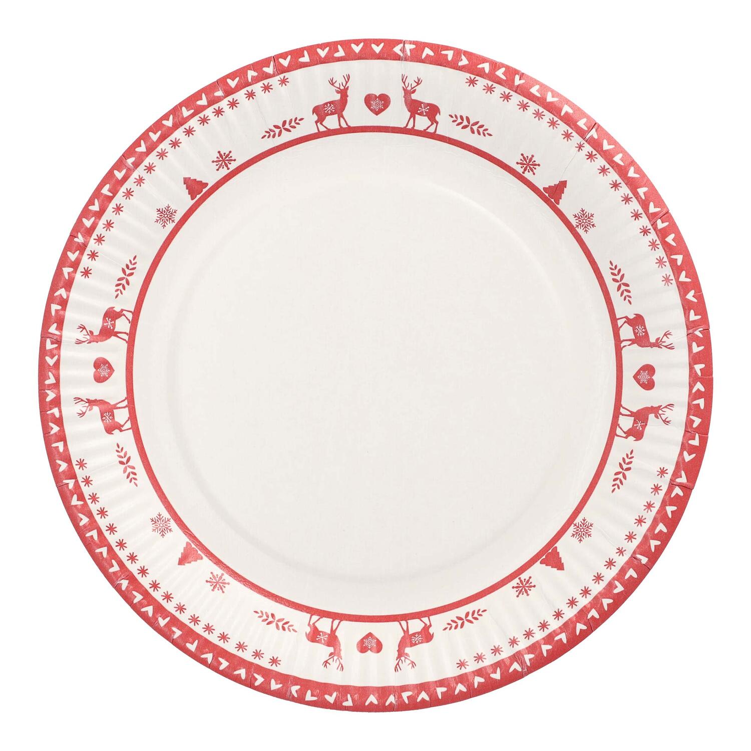 Pappteller rund � 23 cm mit Motiv Nordische Rentiere wei�/rot, 10 Stk.