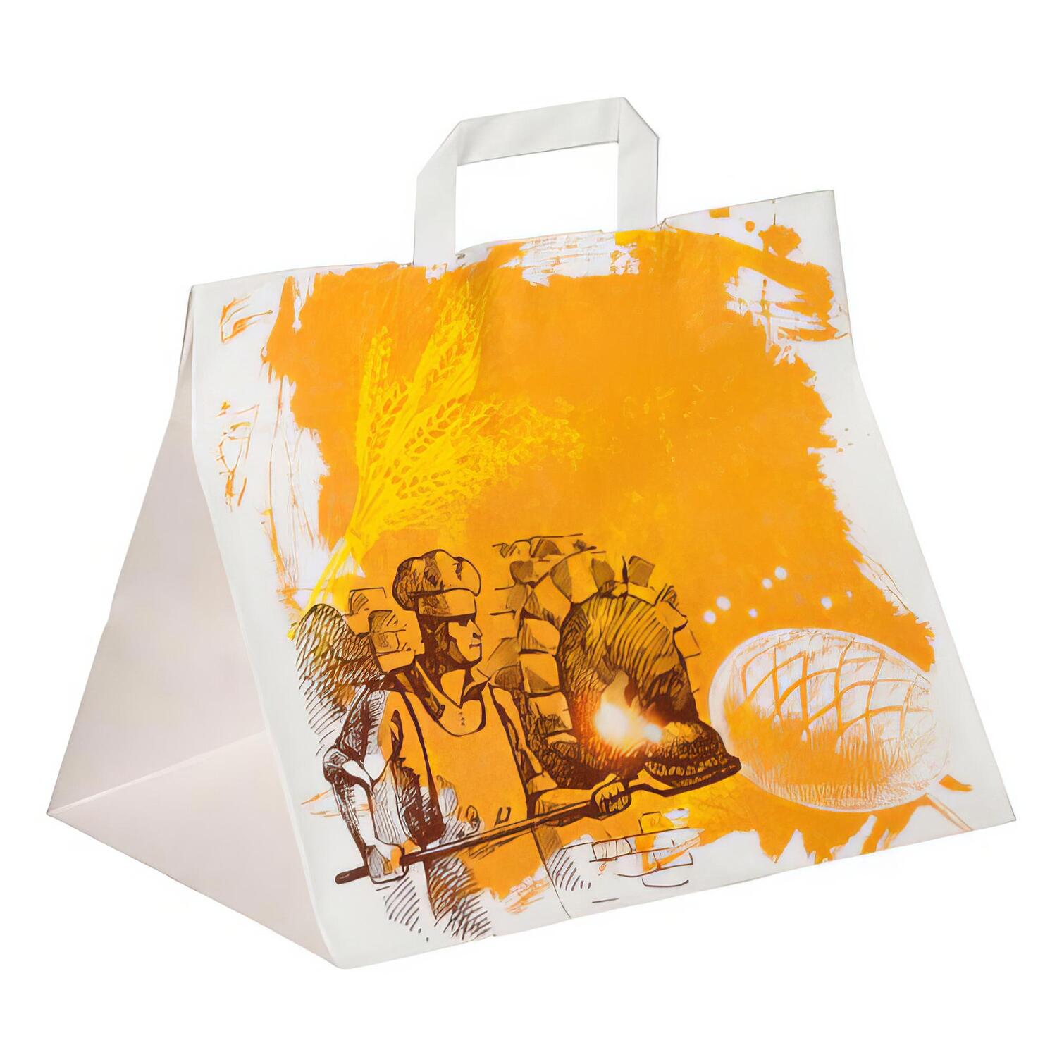 Papiertragetaschen aus Kraftpapier Motiv Steinofen mit Flachhenkeln 320+220x270mm 80g wei�, 250 Stk.