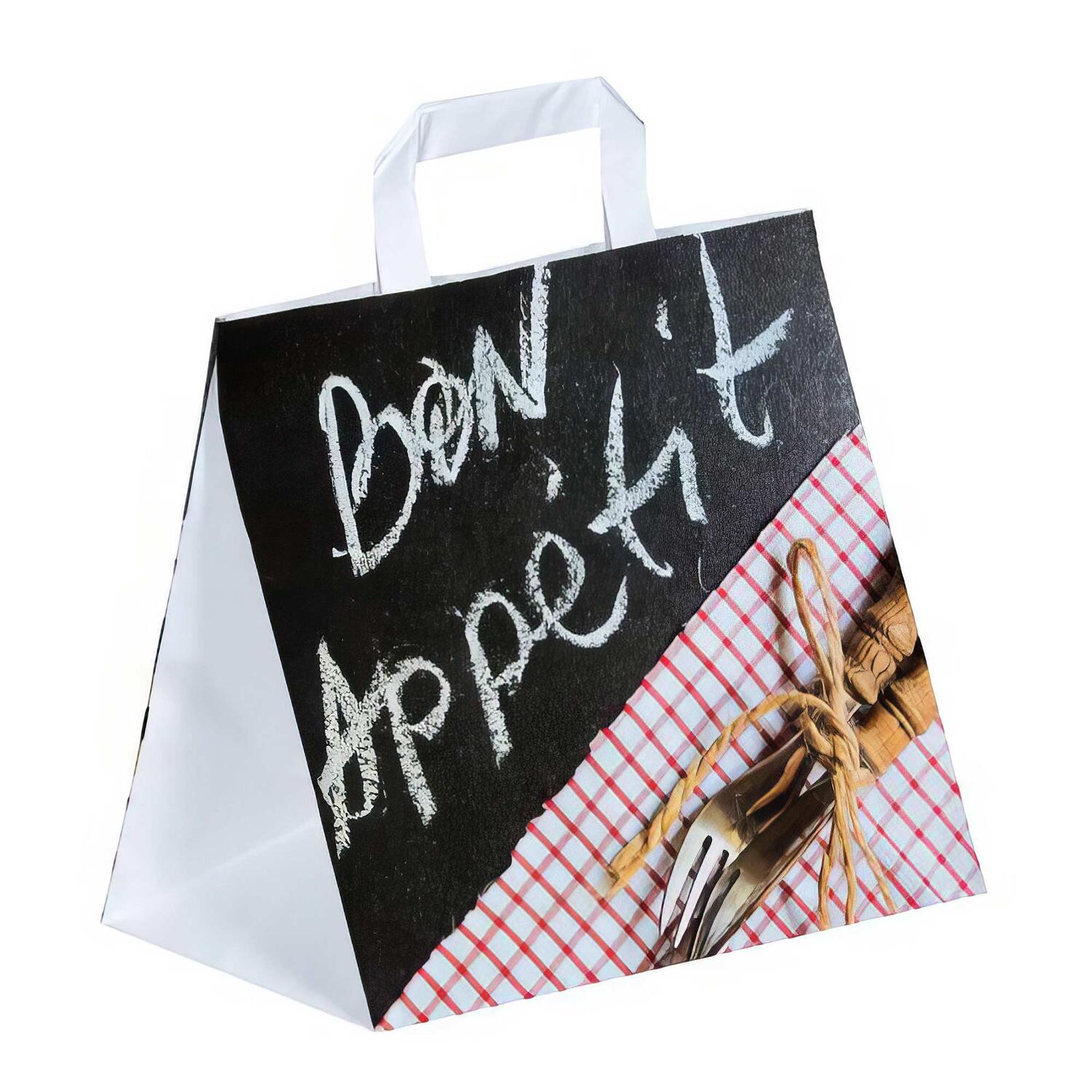 Papiertragetaschen aus Kraftpapier Motiv Bon Appetit mit Flachhenkeln 260+170x250mm 80g wei�, 250 Stk.