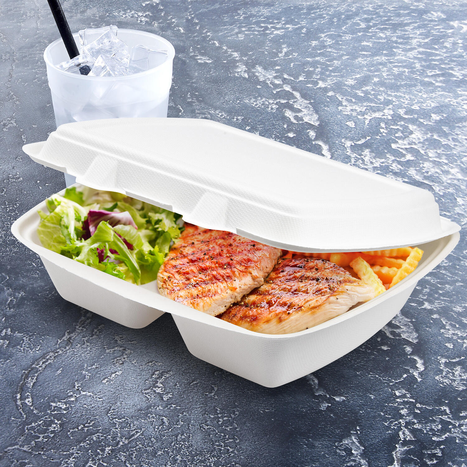 Bio Menboxen Lunch-Boxen 2-geteilt aus Zuckerrohr Bagasse 1000ml 241x202x70mm, 50 Stk.